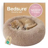 Bedsure front view of 20-inch camel calming cat bed showing cozy shape and neutral tone