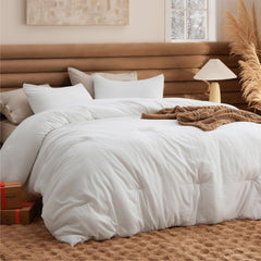 Bedsure front view of white queen comforter showing full coverage and neat finish