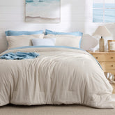 Bedsure front view of beige comforter showing full coverage and neutral style