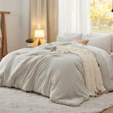 Bedsure king comforter front view in beige showing full coverage and neutral styling