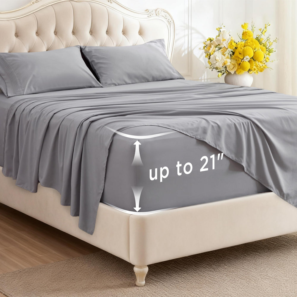 Bedsure front packaging showing light grey queen set and benefits