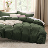 Bedsure olive green duvet cover front view showing smooth cotton-like finish and cozy look