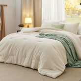 Bedsure front view folded cream comforter showing neat finish and instant coziness