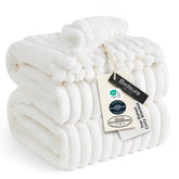 Bedsure front view of off white queen fleece blanket showing plush surface benefit soft comfort