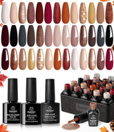 Beetles flatlay of 23-piece fall gel set showing warm palette benefits