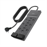Belkin front view of 12-outlet power strip showing layout and capacity benefit