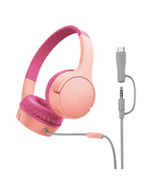 Belkin SoundForm Mini front view showing compact kid-sized on-ear headphones and fit benefit