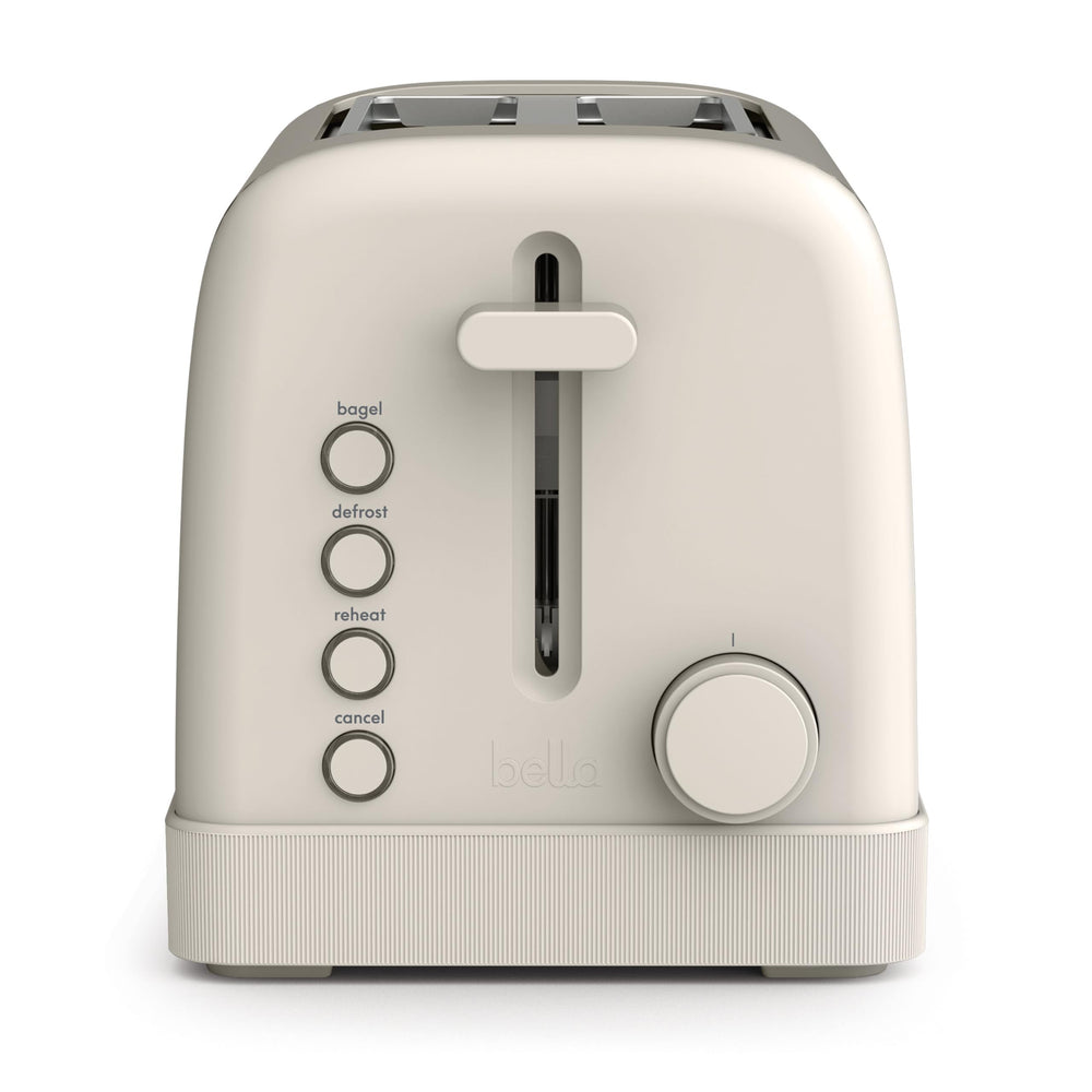 BELLA toaster front view showing Oatmilk finish and sleek design benefits
