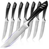 Bellemain front view of 8-piece steak knife set showing polished finish and uniform blades for elegant dining
