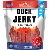 Beloved Pets front packaging showing 1.5 lb duck jerky and bulk value