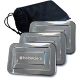 Below Zero front view of three stainless steel ice packs showing compact set and durability