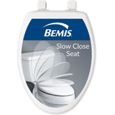 Bemis elongated seat front view showing clean white finish and stability benefit