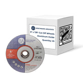 Benchmark Abrasives front packaging showing 25 cut off wheels and product label benefits