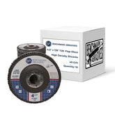 Benchmark Abrasives front packaging showing 4.5 inch flap disc and features, durable performance