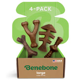 Benebone front box view showing four chews and durable packaging benefit