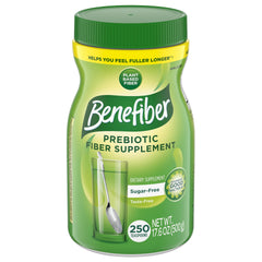 Benefiber front packaging showing unflavored tub and benefits