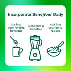 Benefiber powder on spoon highlighting fine, grit-free texture