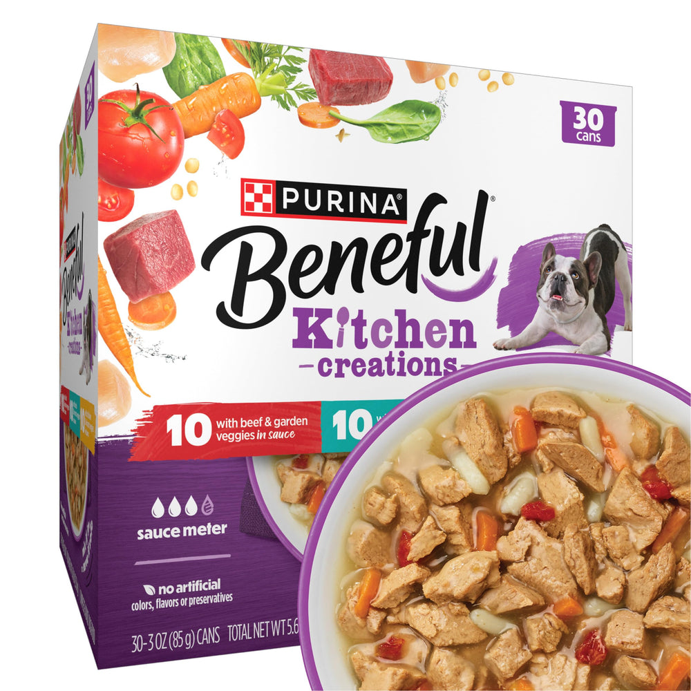Beneful front packaging shows 30 cans and convenient variety