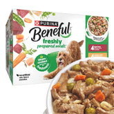 Beneful front packaging showing variety pack and tubs, clear labeling benefit