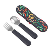 Bentgo front packaging showing colorful kids utensil set and tidy case benefit