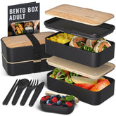 Bentoheaven Symph Onyx front view showing stackable wood-grain lid and compact benefit