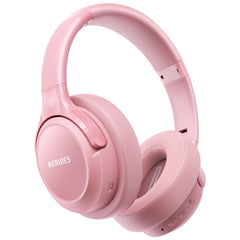 BERIBES front view of headphones and packaging showing design and portability benefits
