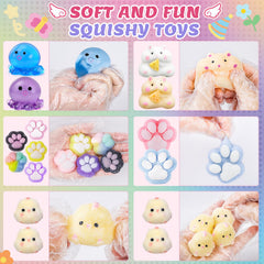BESNEL arrangement of mini chicks, cat paws and small toys showing colorful assortment