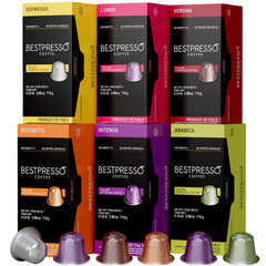 Bestpresso front view of 12 boxed variety pack showing 120 capsules and Italian packaging benefit