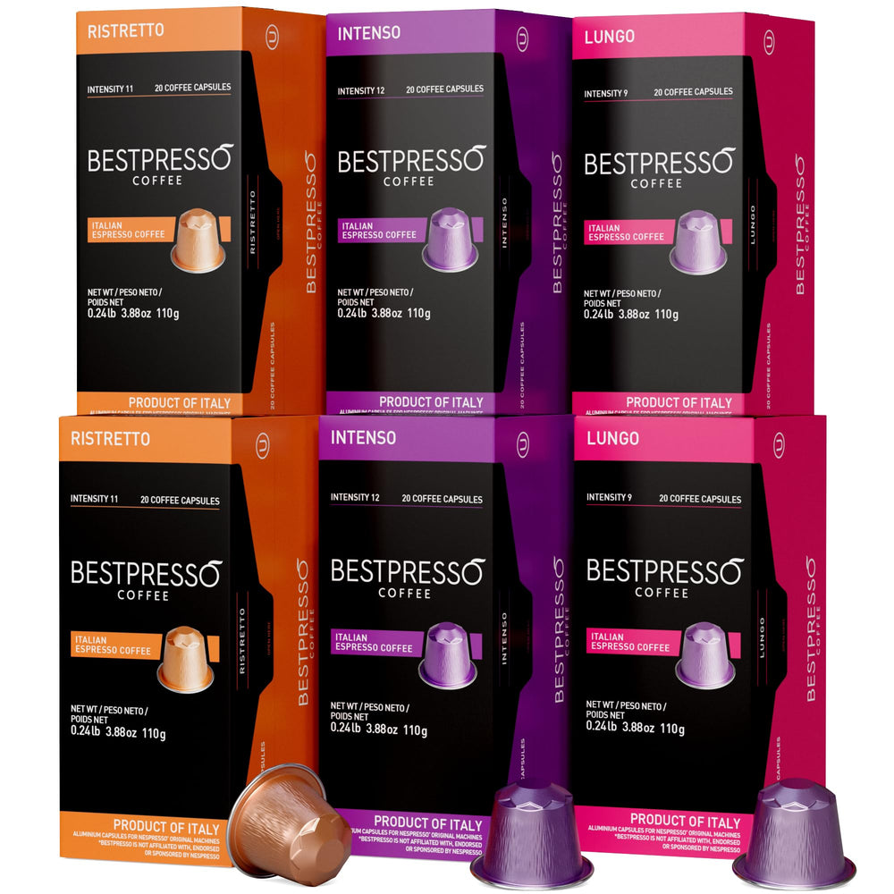 Bestpresso front packaging showing 6 boxes and bold branding, conveys convenience