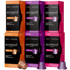 Bestpresso front packaging showing 6 boxes and bold branding, conveys convenience