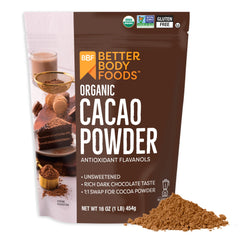 BetterBody Foods front packaging showing the organic cacao bag with clear labeling and convenience