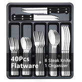 BEWOS flatware front packaging showing the full 49-piece set and organizer for easy identification and storage