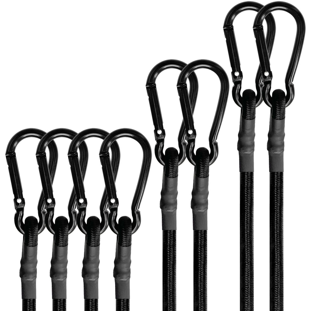 BEXSLE front view of 8-piece bungee cord set showing sizes and hooks, durable storage