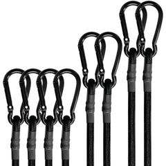 BEXSLE front view of 8-piece bungee cord set showing sizes and hooks, durable storage