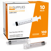 BH SUPPLIES 10ml syringe front packaging showing 100 individually wrapped syringes for reliable supply