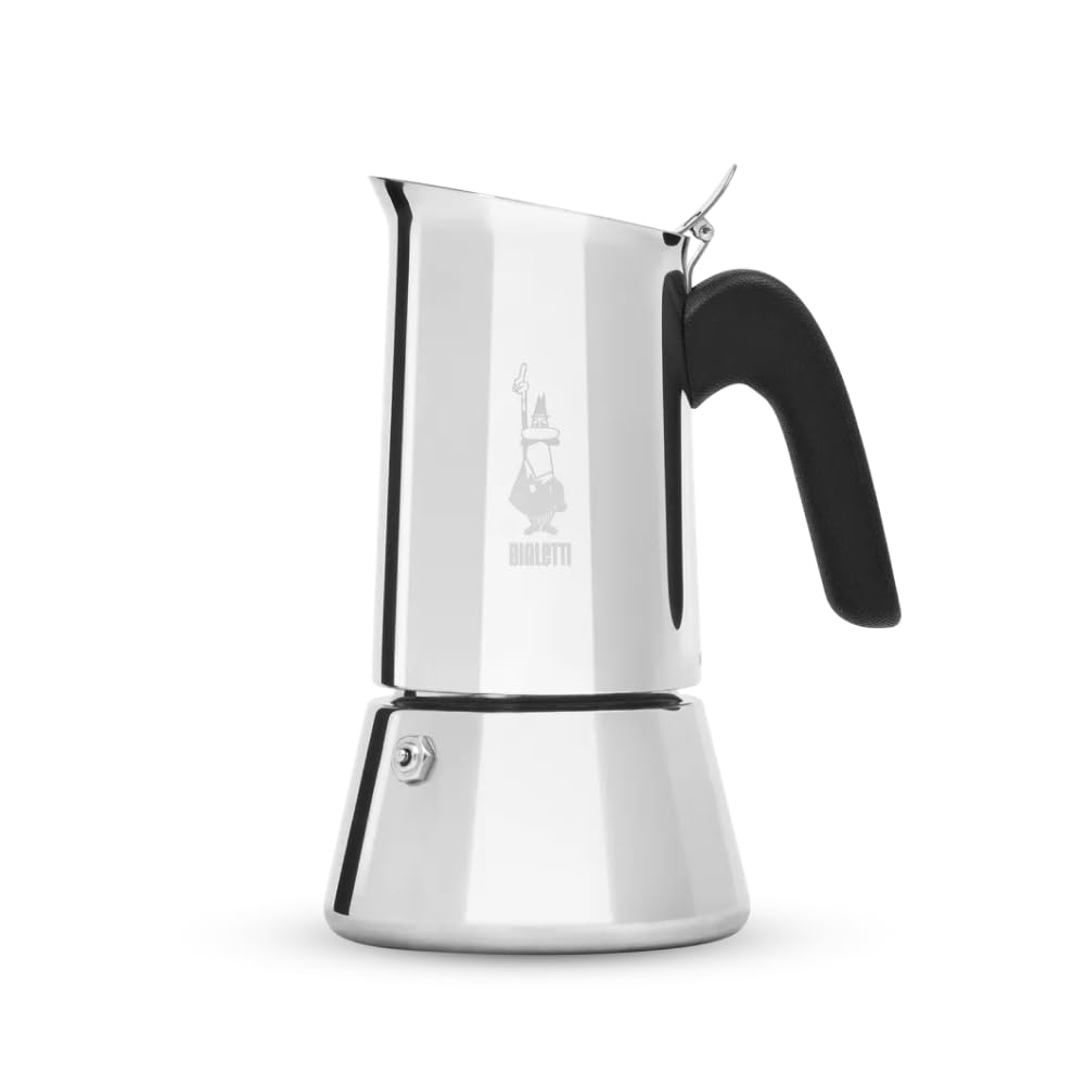 Bialetti Venus front view showcasing polished stainless steel and modern silhouette for durable style