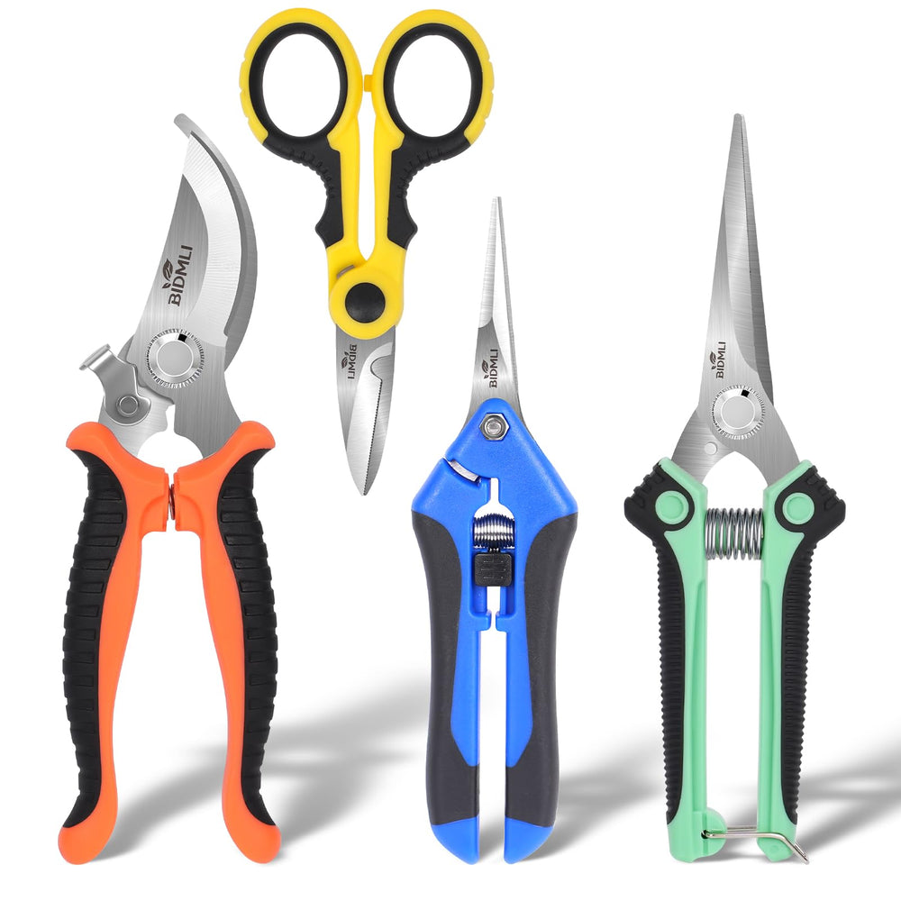 BIDMLI front packaging showing all four garden scissors and contents benefits organization