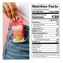 BIENA open pouch spilling roasted edamame with crunchy texture benefit