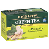 Bigelow front box showing green tea with ginger and probiotics benefit