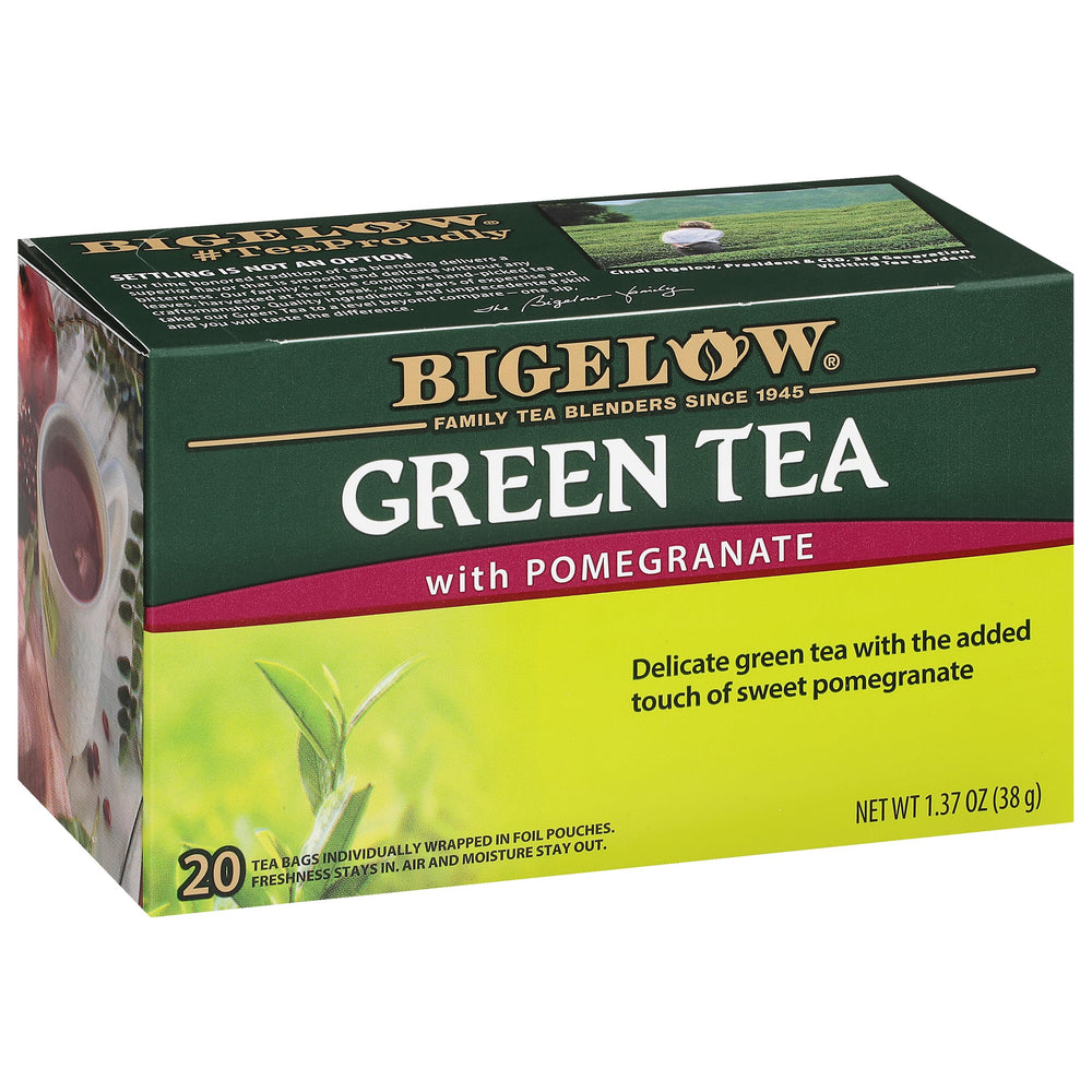 Bigelow Tea front box showing green tea with pomegranate for convenient storage
