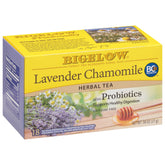 Bigelow tea front packaging shows lavender chamomile plus probiotics and benefits
