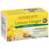 Bigelow front packaging showing lemon ginger probiotic tea and benefits
