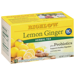 Bigelow front packaging showing lemon ginger probiotic tea and benefits