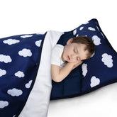 Biloban nap mat front view showing dark blue quilted surface and compact profile benefit comfort