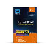 BinaxNOW front packaging showing two rapid tests and quick screening benefit
