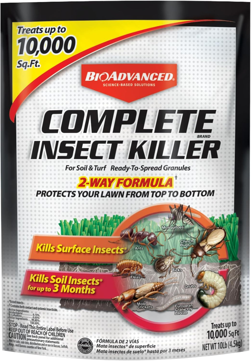 BioAdvanced 10 lb bag front packaging showing product and coverage benefit