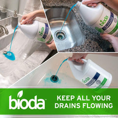 Bioda being poured into a kitchen sink drain to prevent clogs and odors