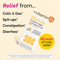 BioGaia baby drops label closeup highlighting vitamin D and probiotic strain information