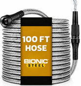 BIONIC STEEL front view of 100 ft metal hose showing full length and nozzle — durable watering solution
