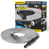BIONIC STEEL front view of 75 ft hose showing durable stainless exterior and portability